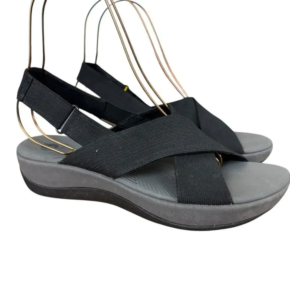 Clarks Arla Kaydin Black Slingback Wedge Sandals Wide Strap Comfort Shoes sz 10